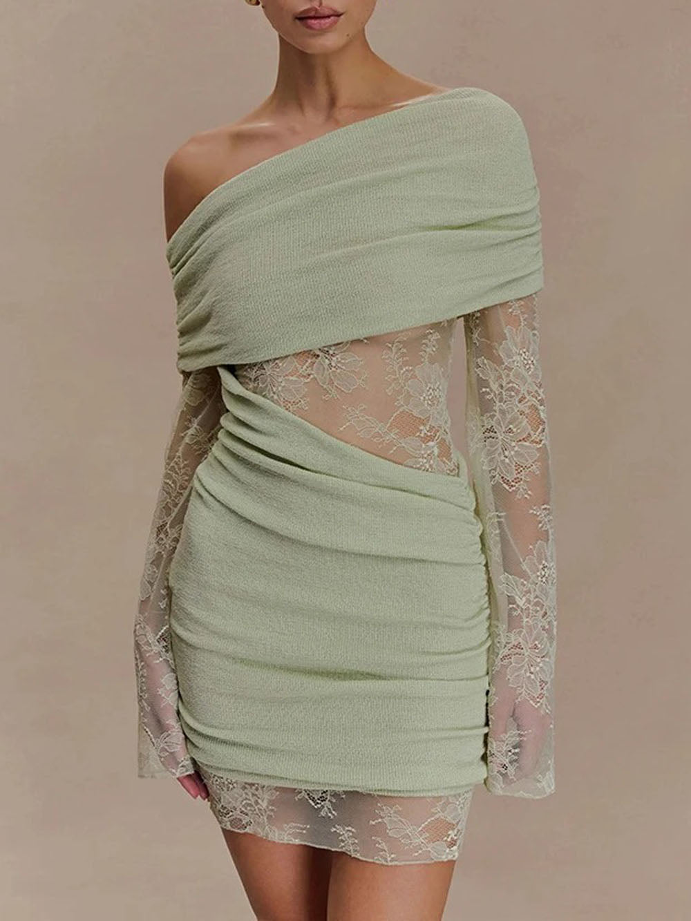 Aurelia One Shoulder Lace Mini Dress Sage Whisper