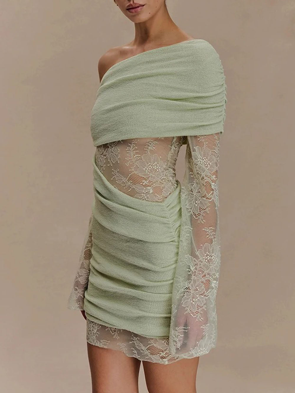 Aurelia One Shoulder Lace Mini Dress Sage Whisper