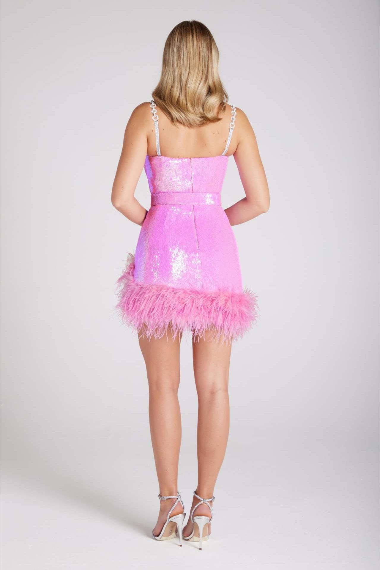 Sequin Faux Fur Belt Pencil Slip Dress