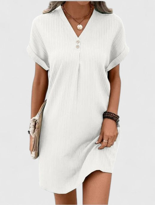 Notch V-Neck Button Textured Short Sleeve Shift Mini Dress