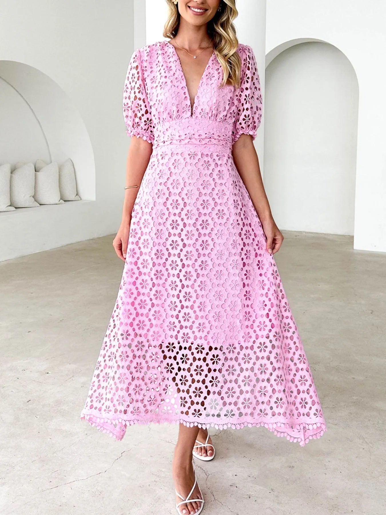 Serena Exclusive V Neck Lace Midi Dress with Puff Sleeves Chic Silhouette Collection