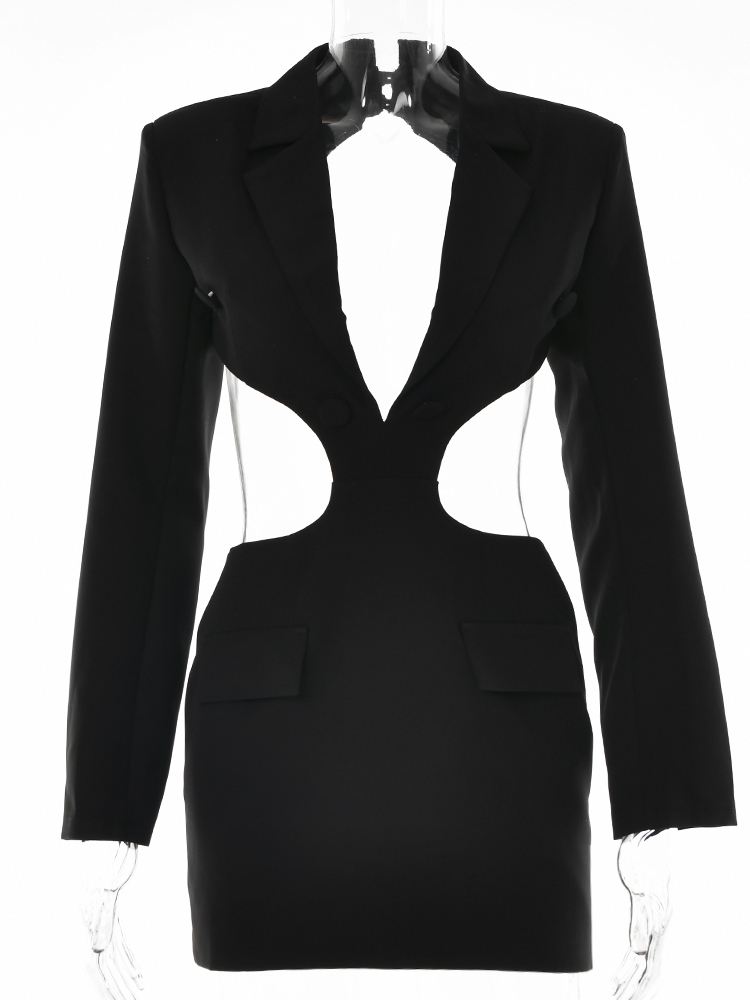 Long Sleeve Elegant Office Sexy Patchwork Backless Dress