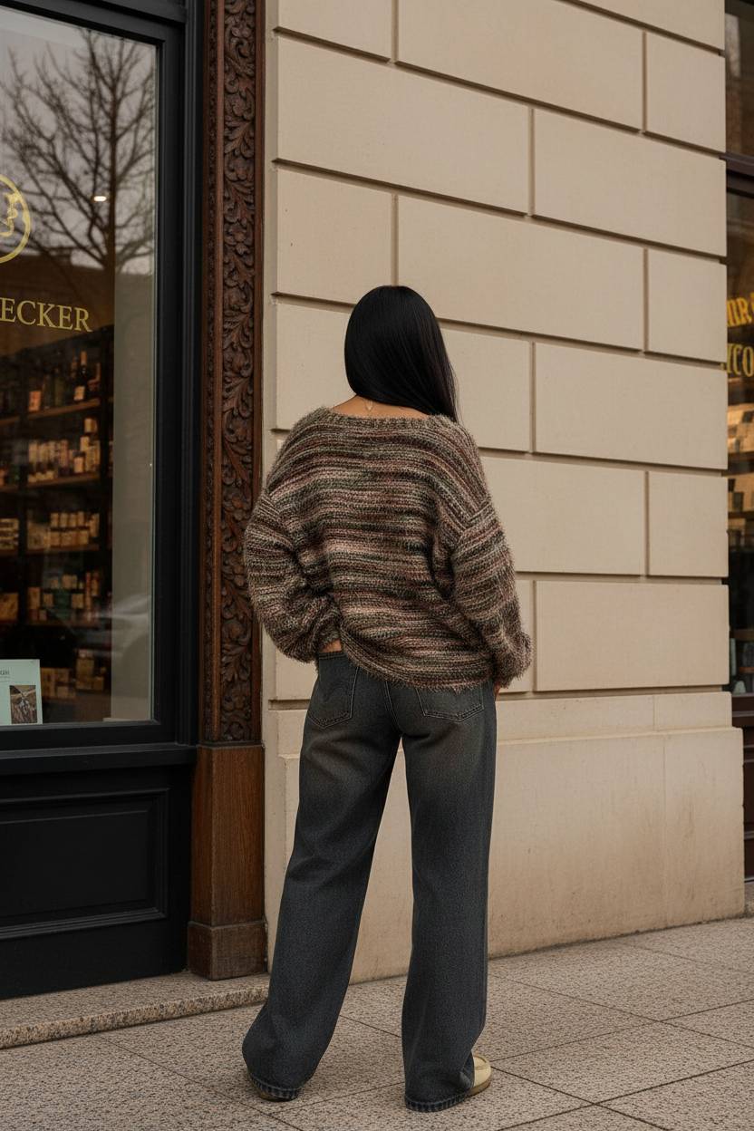 New Retro Fashion Deep VNeck Maillard Plush LongSleeve Knit Cardigan