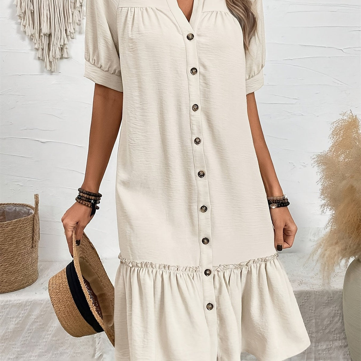 Collared Button Front Short Sleeve Ruffle Hem Shift Mini Dress 13