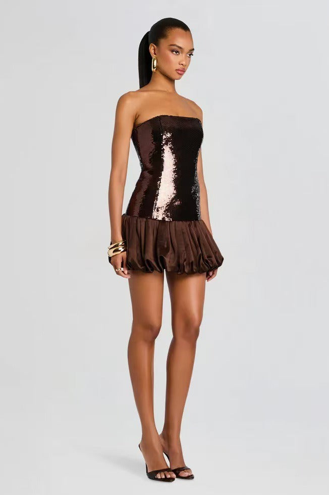 Sequined Off-Shoulder Babydoll Slim Party Dress