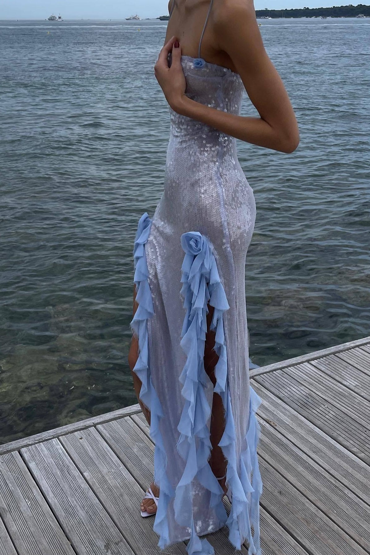 Sheer Sequin Ruffle 3D Floral Fringe Slip Dress