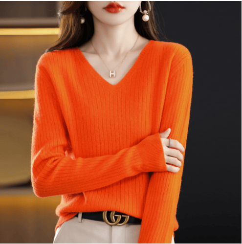 V-Neck Pullover Long Sleeve Solid Color Cashmere Sweater
