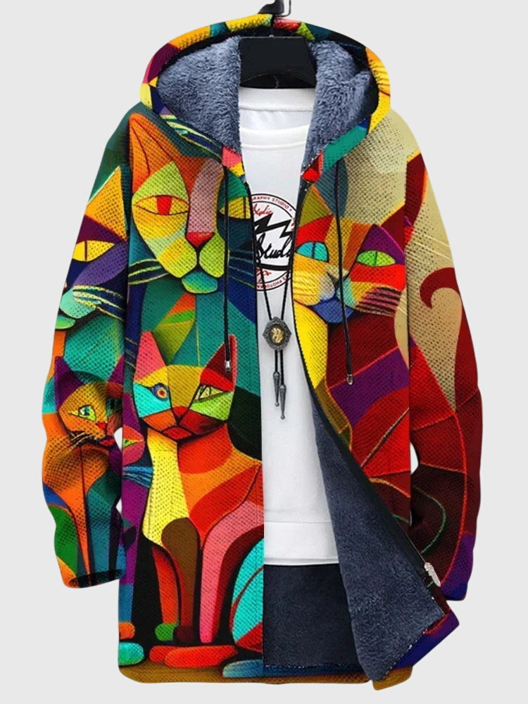 Hooded Abstract Cat Print Zip Front Fleece Jacket