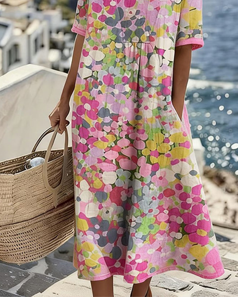 Round Neck Floral Print Short Sleeve A-Line Midi Dress 3