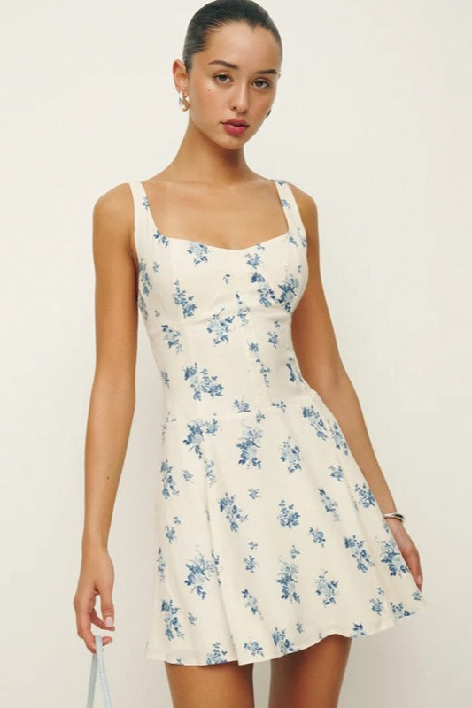 Fresh Printed Backless Square Neck A Line Mini Floral Dress