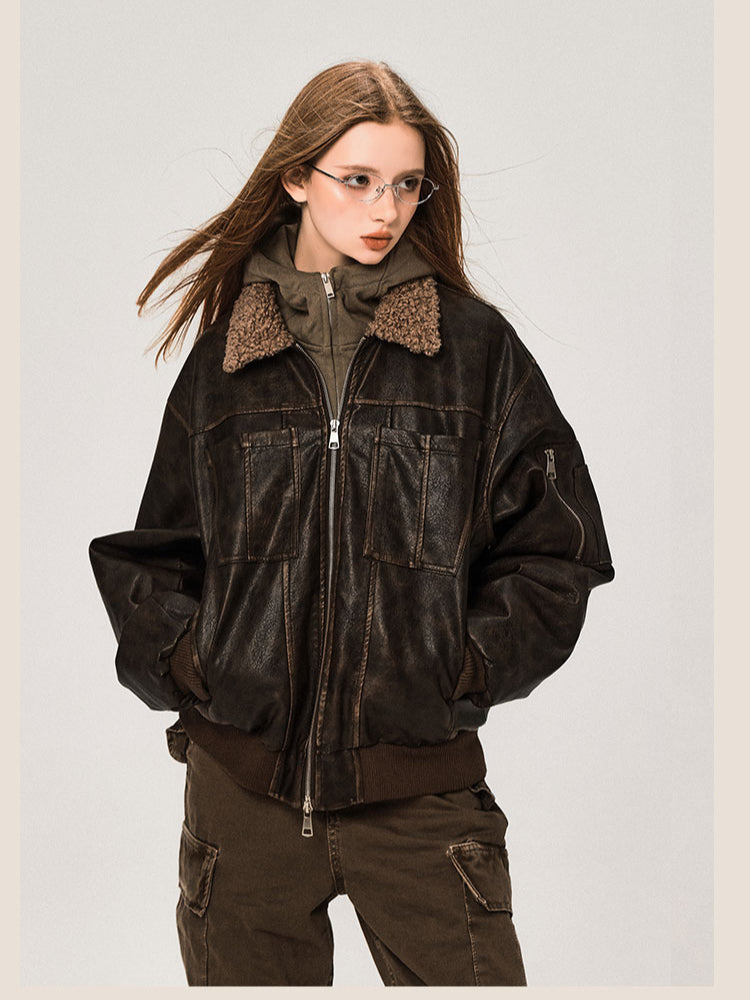 PU Leather Jacket with Lamb Wool Collar