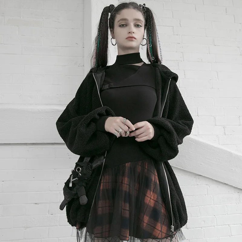 Women's Style Mesh Stitched Plaid Warm Highwaisted Fluffy Daily Thick Personality Mini Skirt