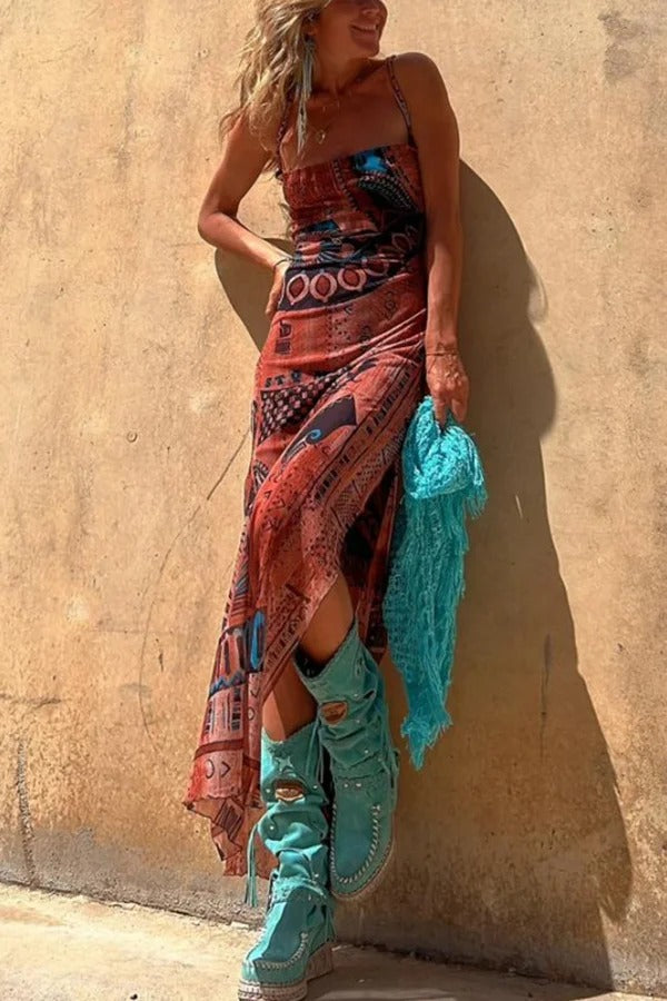Griselda Exclusive Midi Dress with a Unique Gypsy Style Print, Cowl Neckline At the Back, Lace Up Fastening and Slit Evening Wear Edit