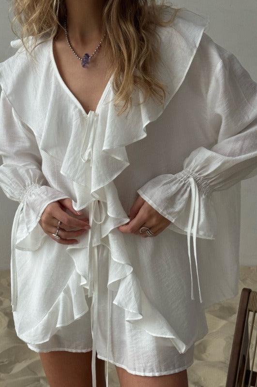 Ruffled V-Neck Loose Two-Piece Blouse