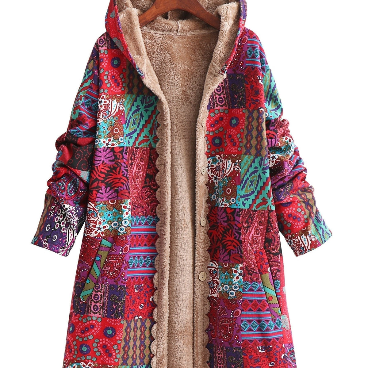 Hooded Ethnic Patchwork Print Fleece-Lined Button Front Longline Coat