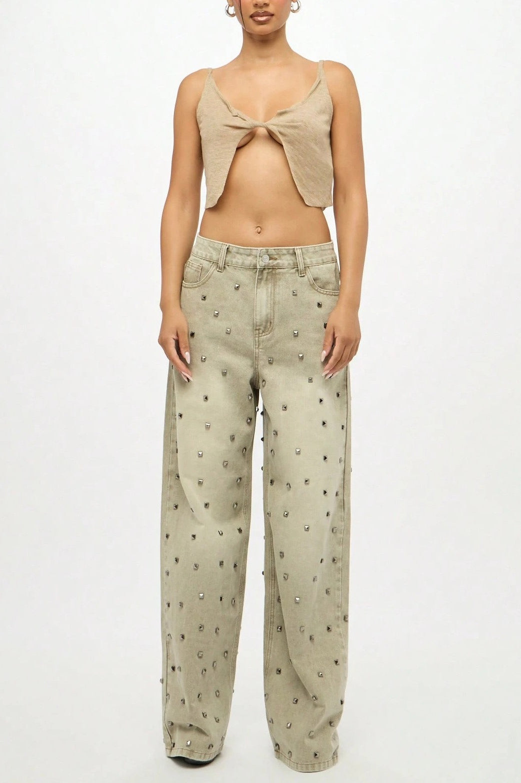 Edgy Retro Metal Bead Full-Diamond Low-Rise Straight Jeans