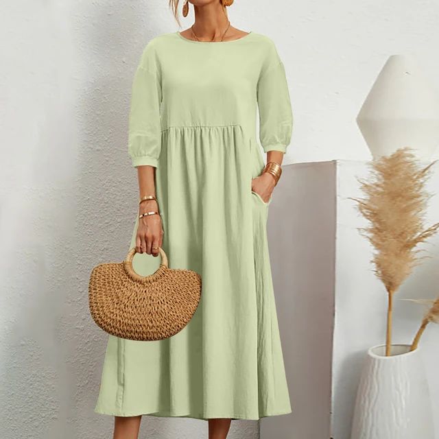 Round Neck Three Quarter Sleeve Babydoll Pocket Midi Dress 7