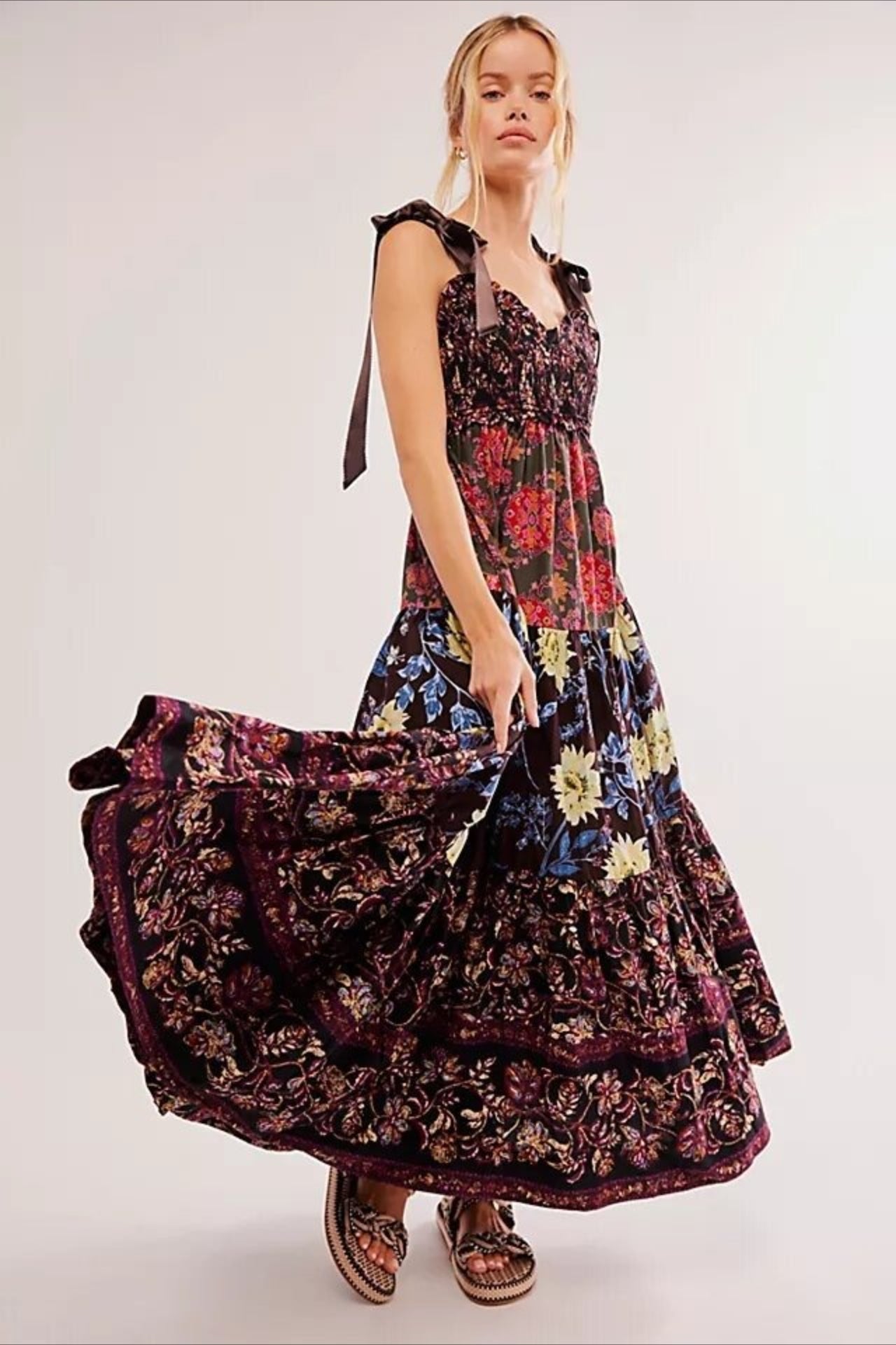 Smocked V Neck Bow Shoulder Strap Mixed Floral Tiered Maxi Dress 16