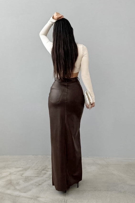 High-Waist Khaki PU Skirt