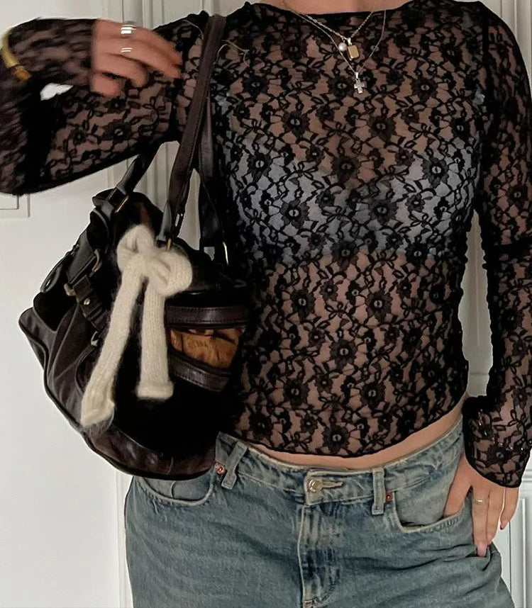 Floral Print Mesh ONeck Long Sleeve Sheer Top