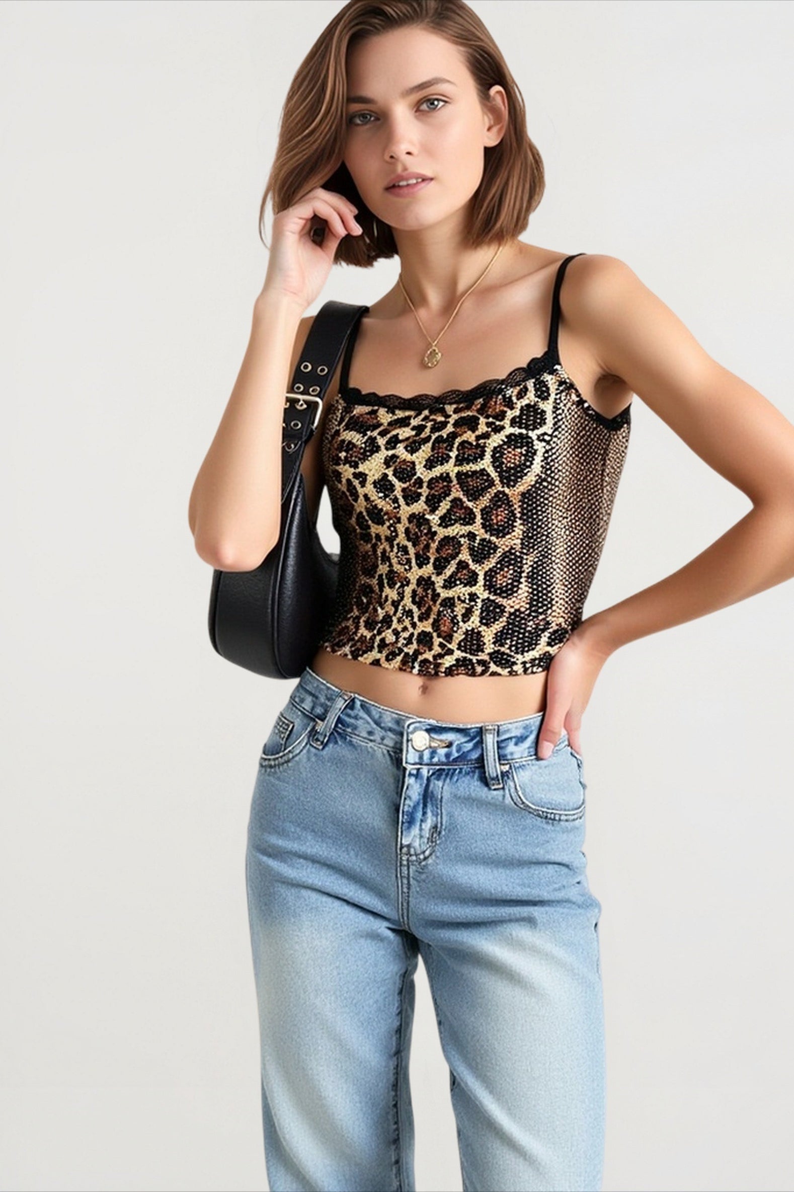 Leopard sequin strappy cami top