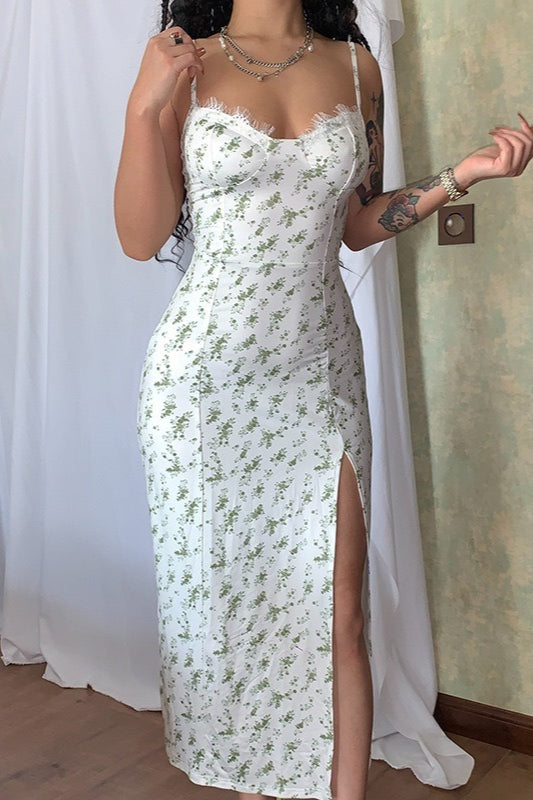 Spaghetti Strap Sweetheart Lace Trim Corset Bodice High Slit Midi Dress 12