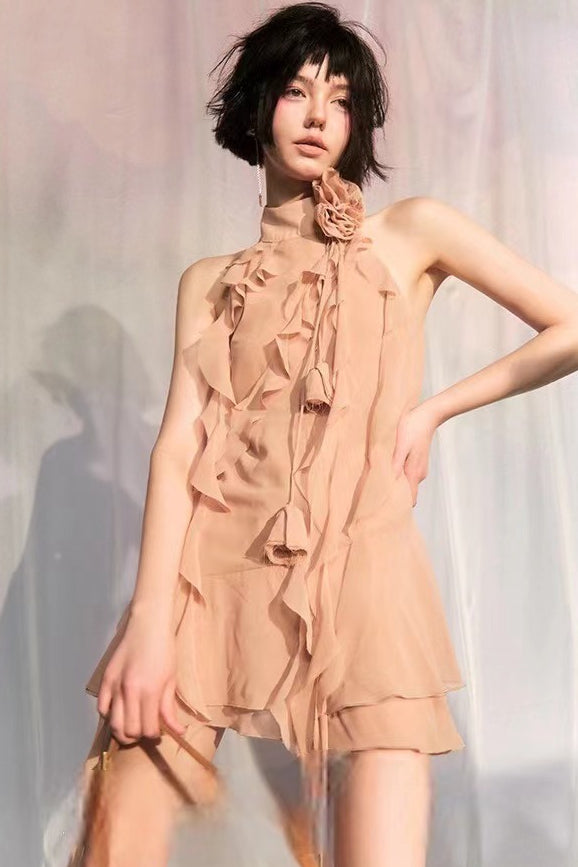Asymmetric Rosette Applique Halter Mini Dress 5