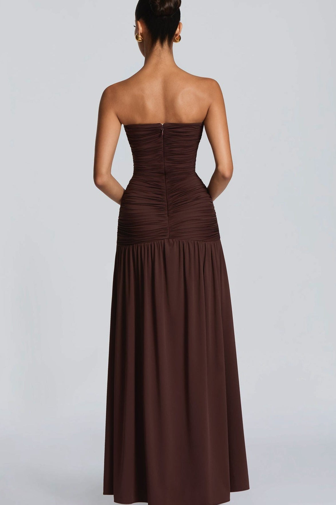 Solid Strapless High Slit Ruched Bodycon Party Dress
