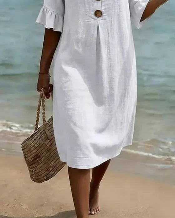 V-Neck Wooden Button Ruffle Sleeve Linen Shift Midi Dress 11