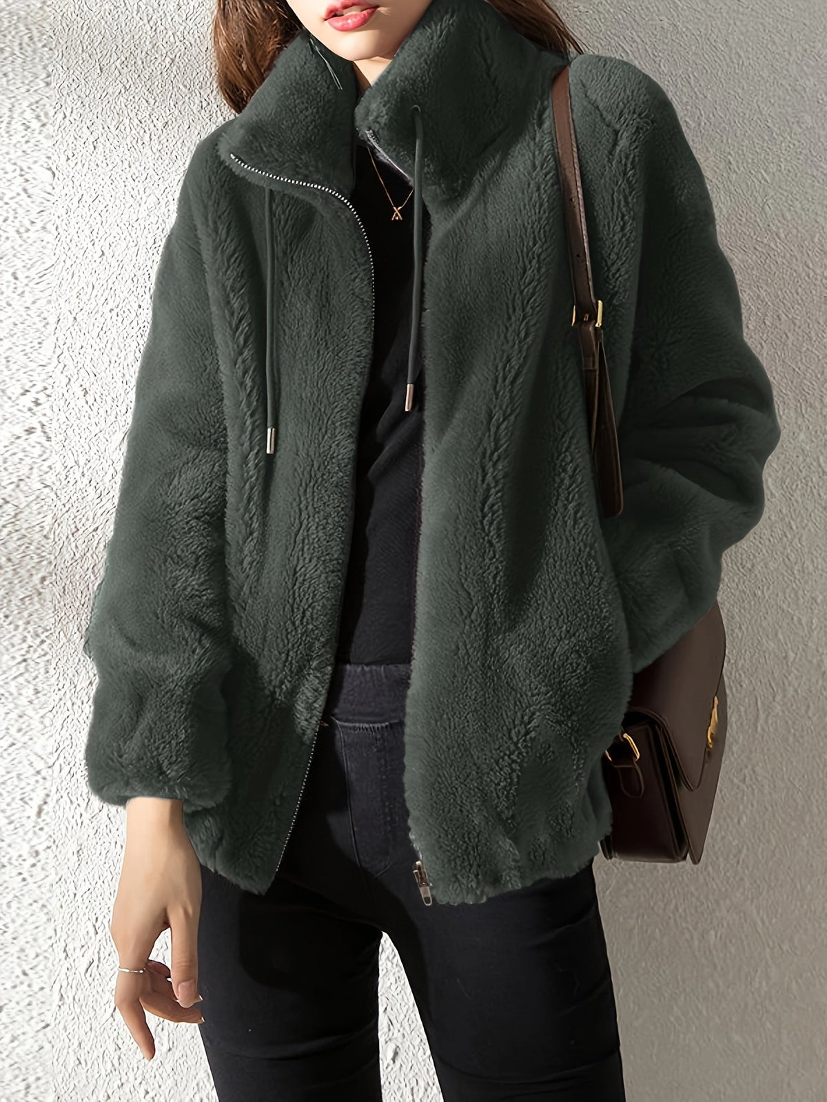 Stand Collar Zip Front Drawstring Fuzzy Fleece Jacket