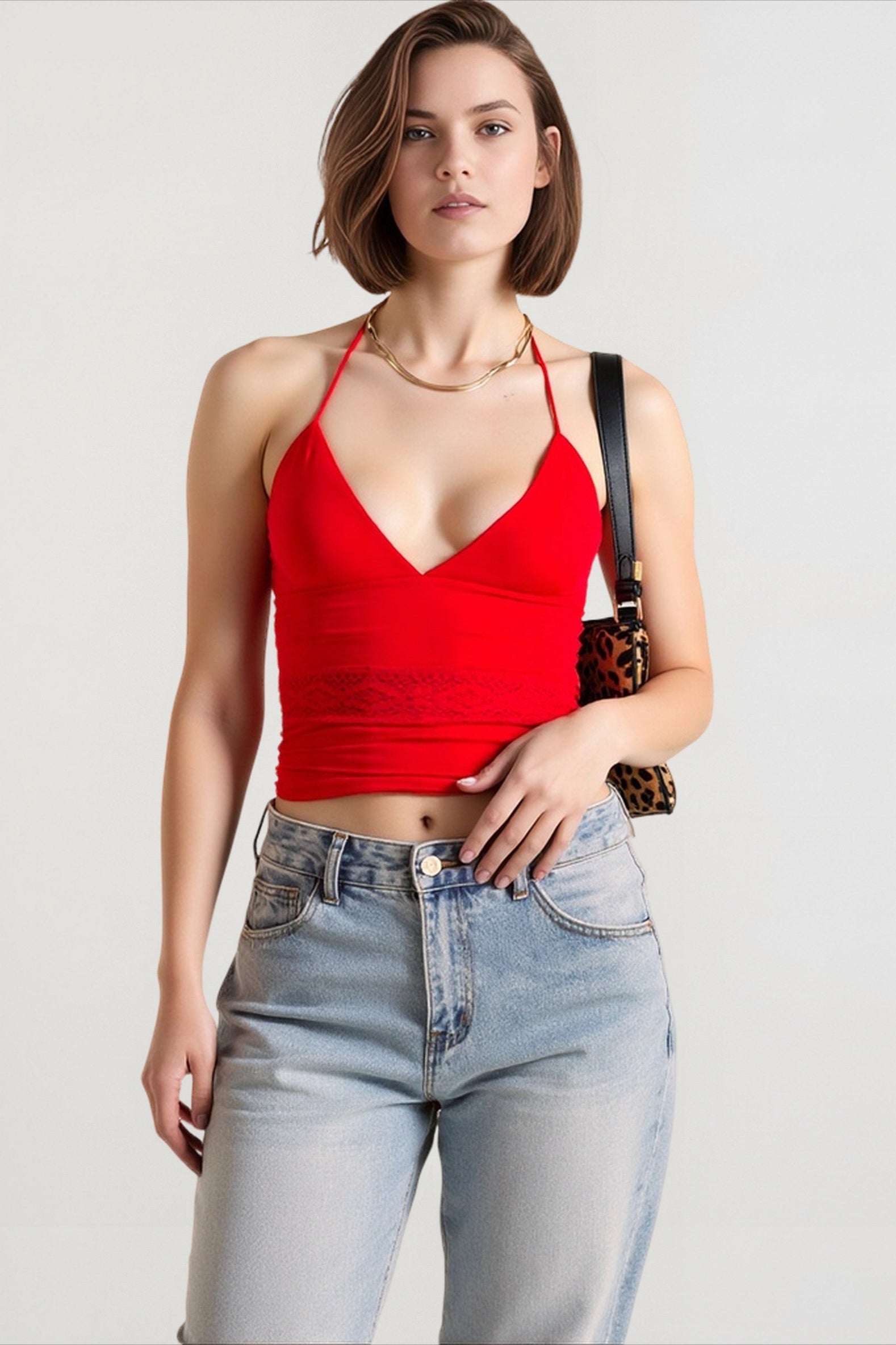 Y2k lace panel halter cami top
