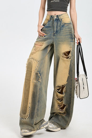 High Waist Distressed Wide Jeans
