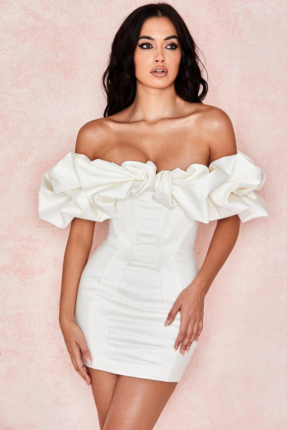 Chic Boned Ruffled Strapless One Shoulder Bodycon Party Dress