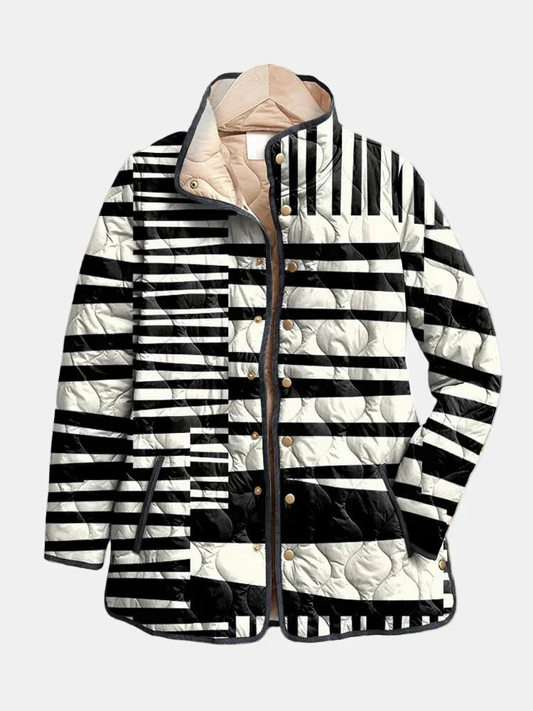 Multicolour Stand Collar Abstract Stripe Quilted Snap Button Jacket