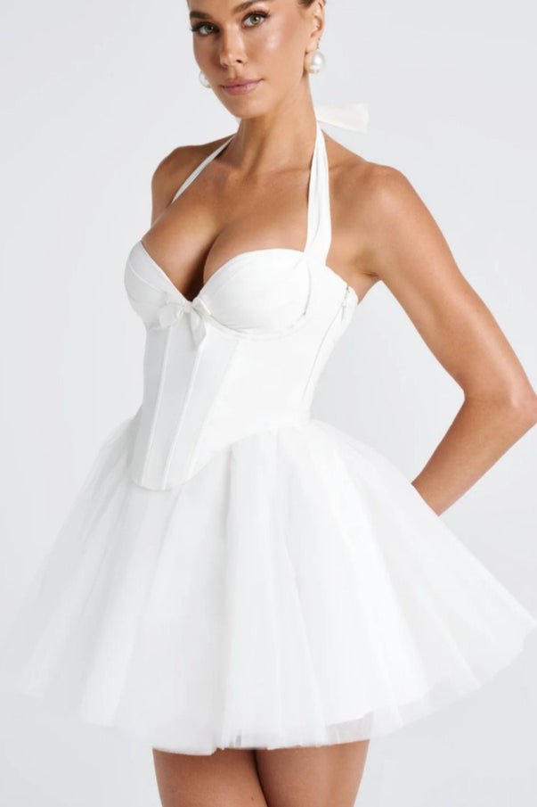 Boned Halter Lace Tie Waist Tulle Overlay Mini Dress 8