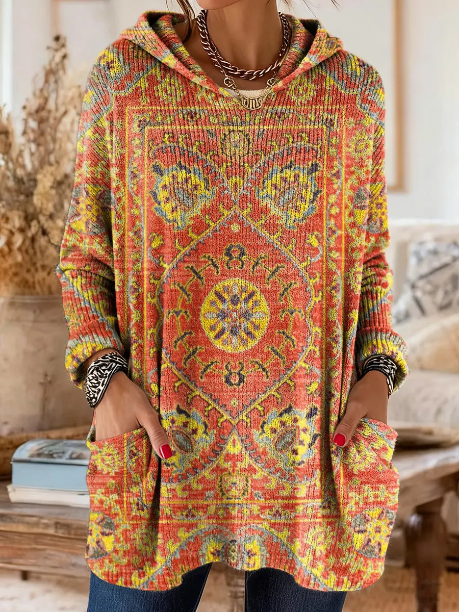 Hooded Ethnic Print Long Sleeve Pocket Knit Sweater
