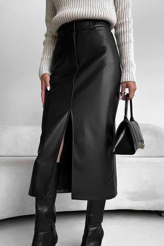 Faux Leather Fleece High-Slit Skirt
