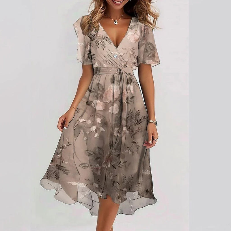 Surplice V-Neck Abstract Print Flutter Sleeve A-Line Midi Dress