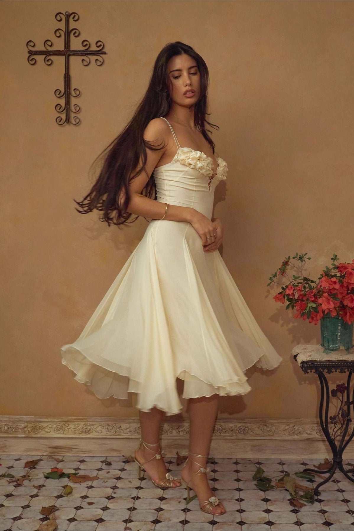 Deep V 3D Floral Sheer Midi Party Dress