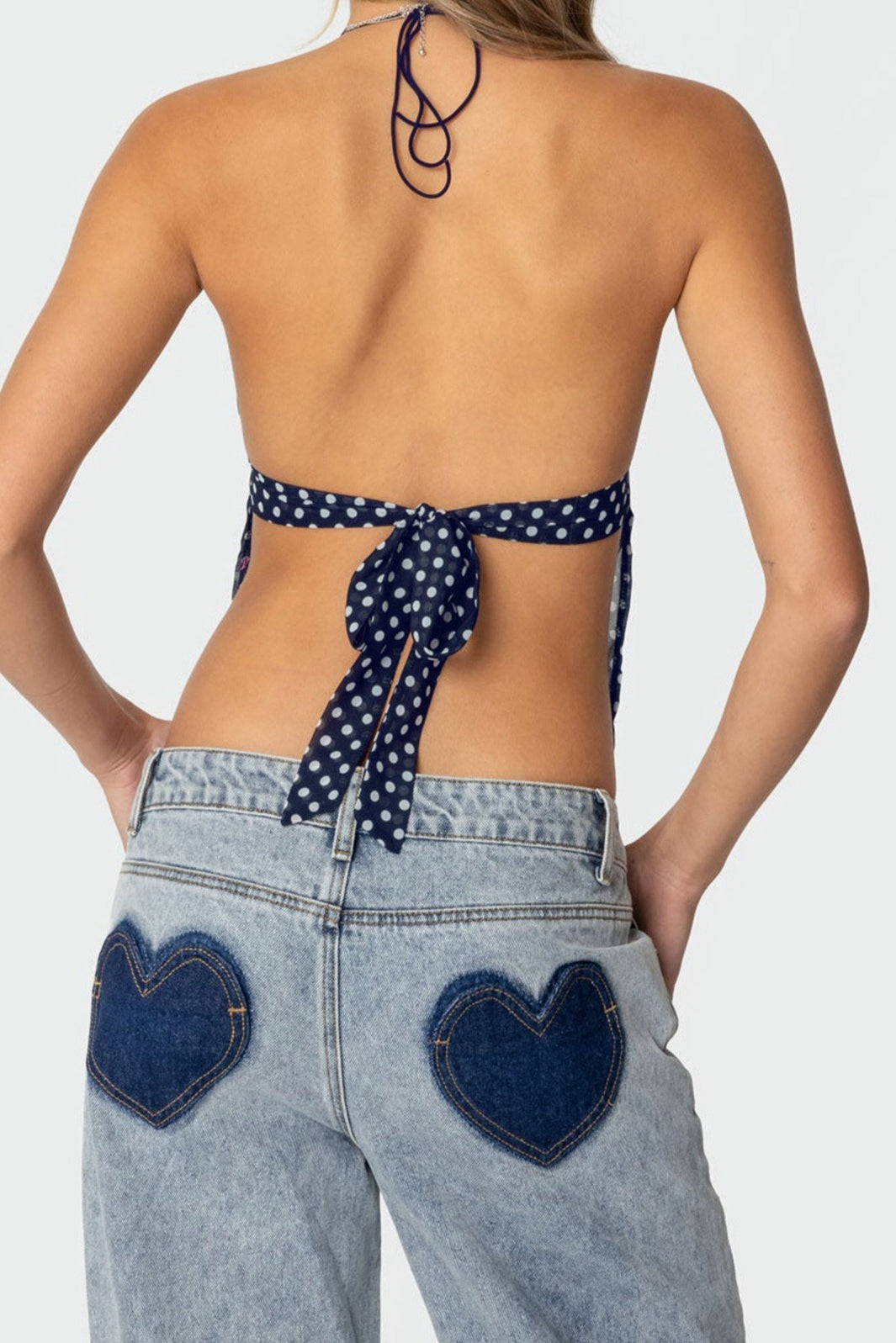 Polka Dot Backless Halter Slim Blouse