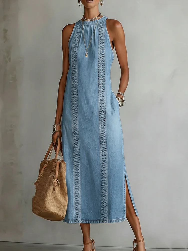 Halter Neck Sleeveless Denim Embroidered Trim Side Slit Shift Maxi Dress