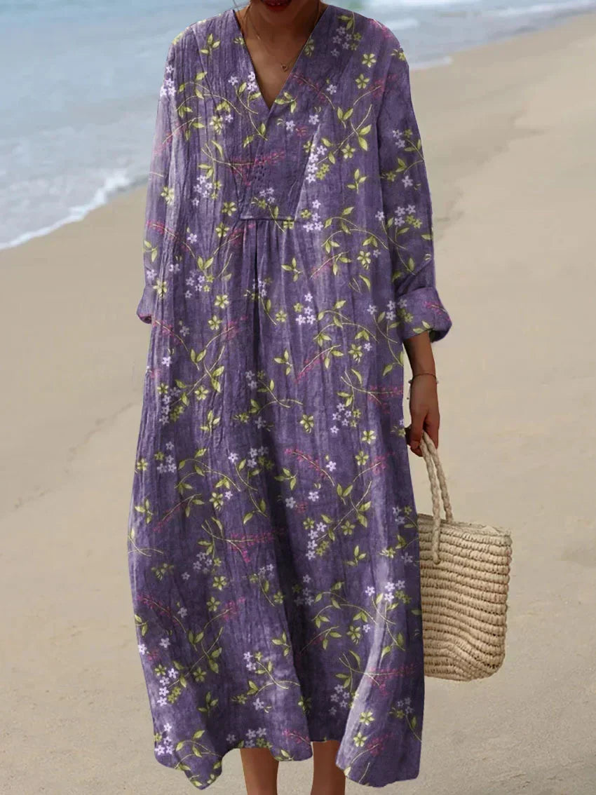 V-Neck Floral Print Long Sleeve Pleated Loose Maxi Dress