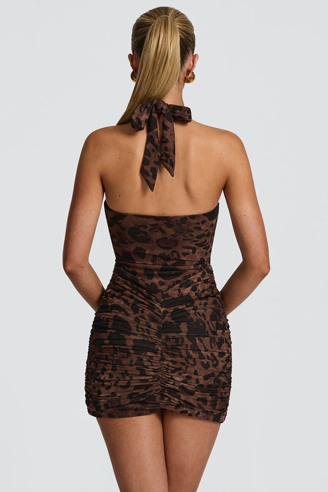 Leopard Halter Backless Deep V Mini Party Dress