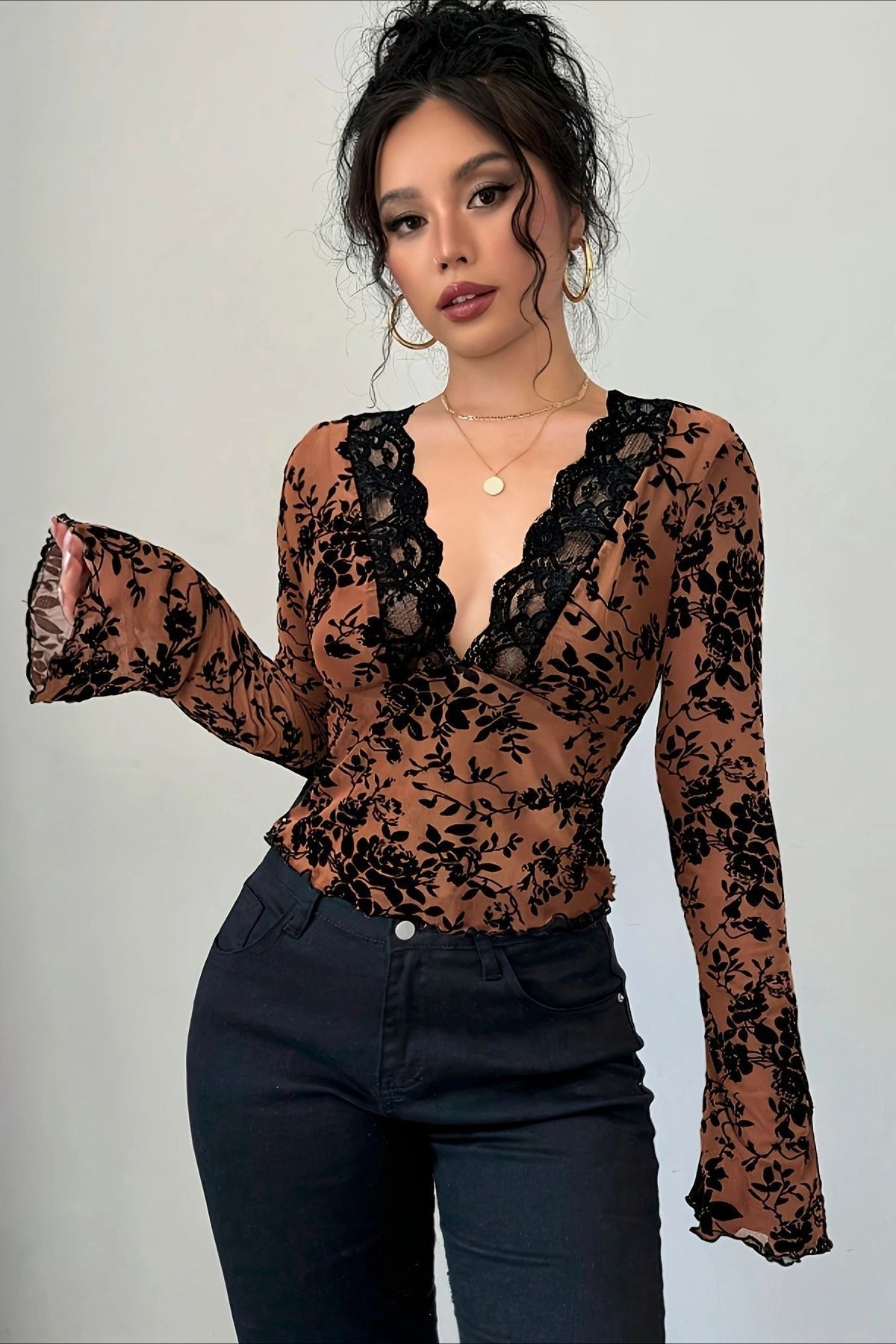 Sheer Lace Flared Sleeve Blouse