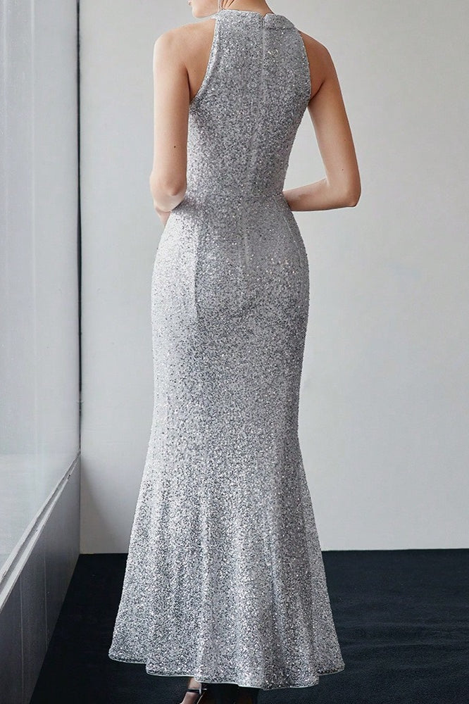 Silver Halter Sequin Mermaid Maxi Dress 2