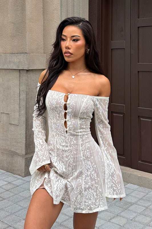 Off Shoulder Long Sleeve Lace Waist Cinched Floral Dress