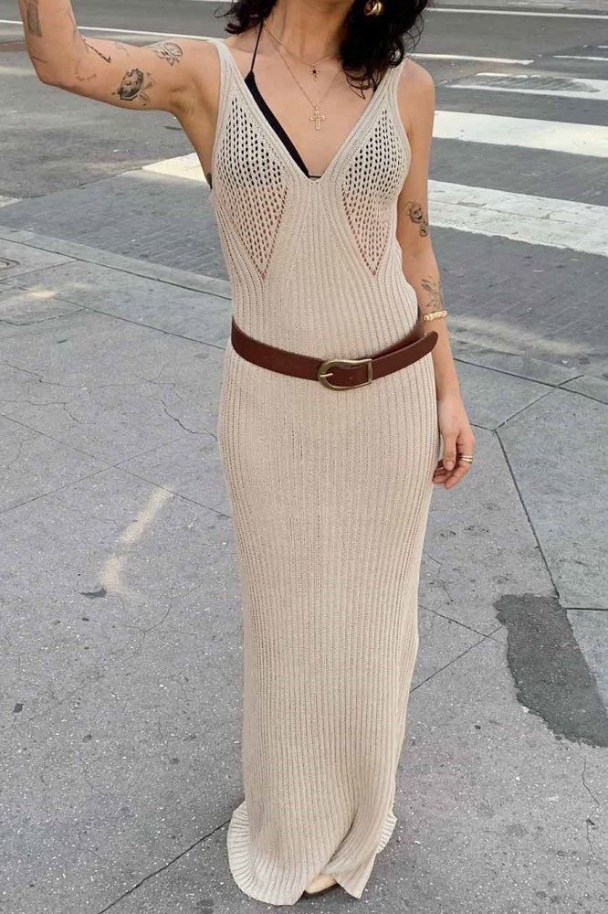 Khaki V Neck Tank Strap Pointelle Panel Rib Knit Maxi Dress 2