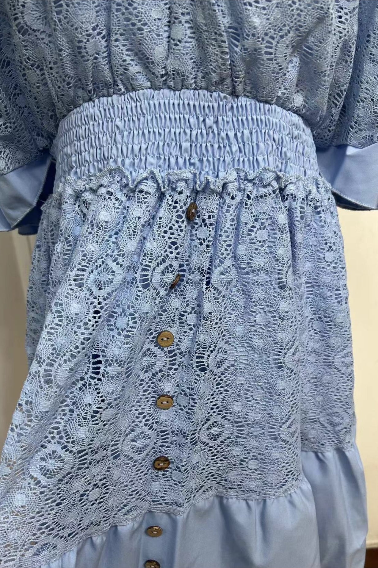 Deep V Neck Smocked Waist Lace Flutter Sleeve Button Front Tiered Mini Dress 13