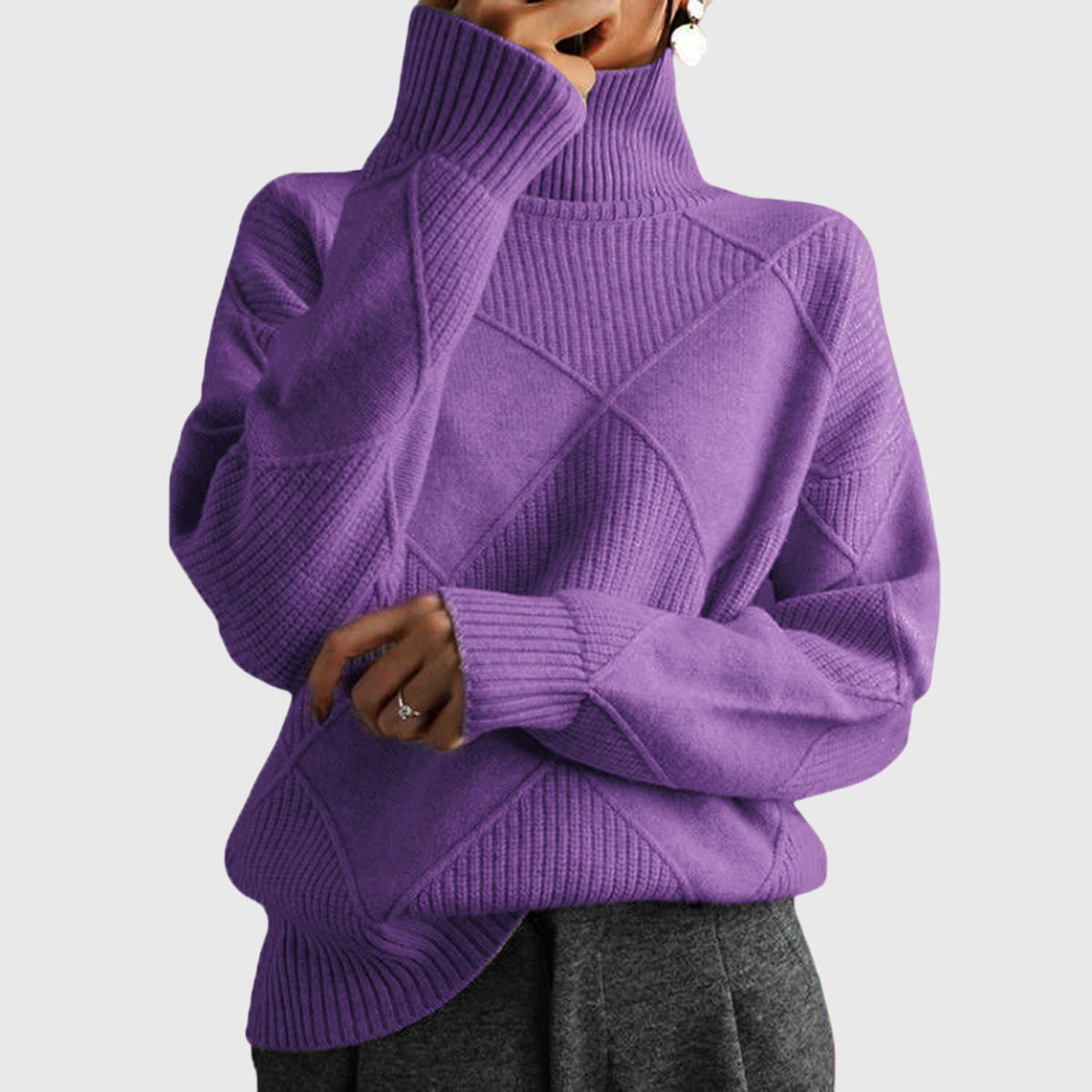 Turtleneck Diamond Textured Knit Long Sleeve Sweater