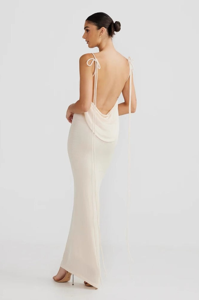 Solid Cowl Neck Tie Back Slim Slip Dress